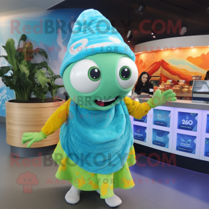 Cyan Fish Tacos mascot costume character dressed with a Ball Gown and Beanies