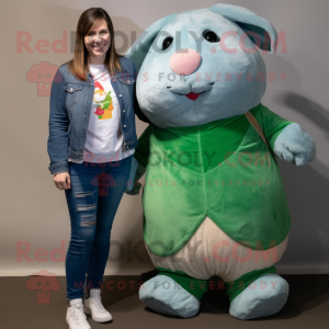 Green Guinea Pig mascot costume character dressed with a Boyfriend Jeans and Wraps
