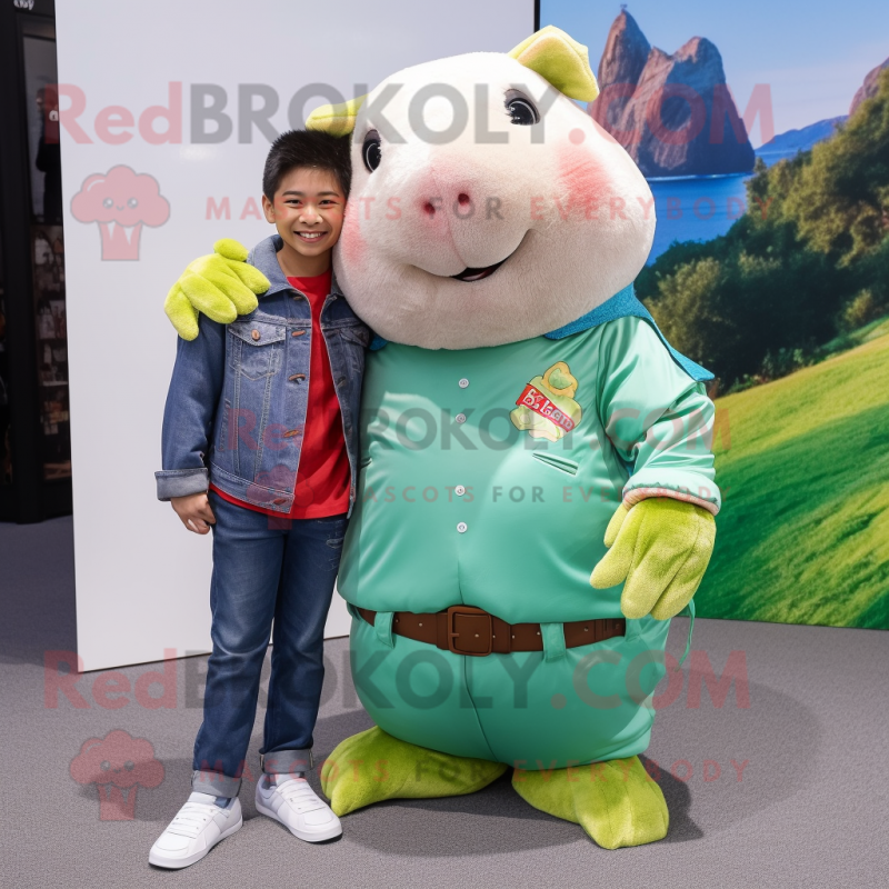 Green Guinea Pig mascot costume character dressed with a Boyfriend Jeans and Wraps Green Guinea Pig mascot costume character dressed with a Boyfriend Jeans and Wraps