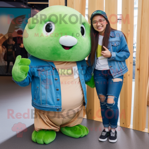 Green Guinea Pig mascot costume character dressed with a Boyfriend Jeans and Wraps