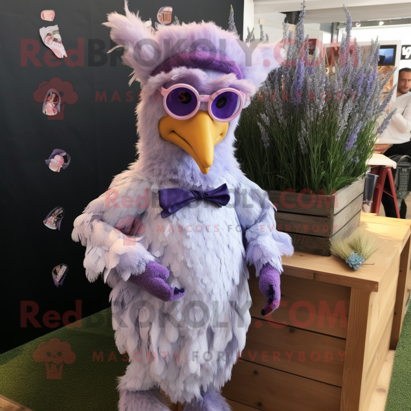 Lavender Hens mascot costume character dressed with a Playsuit and Cufflinks