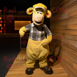 Gold Sheep mascot costume character dressed with a Flannel Shirt and Foot pads