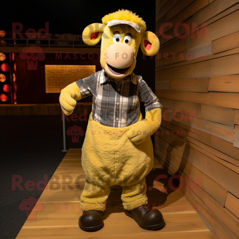 Gold Sheep mascot costume character dressed with a Flannel Shirt and Foot pads Gold Sheep mascot costume character dressed with a Flannel Shirt and Foot pads