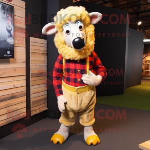 Gold Sheep mascot costume character dressed with a Flannel Shirt and Foot pads