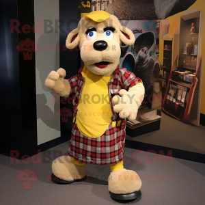 Gold Sheep mascot costume character dressed with a Flannel Shirt and Foot pads