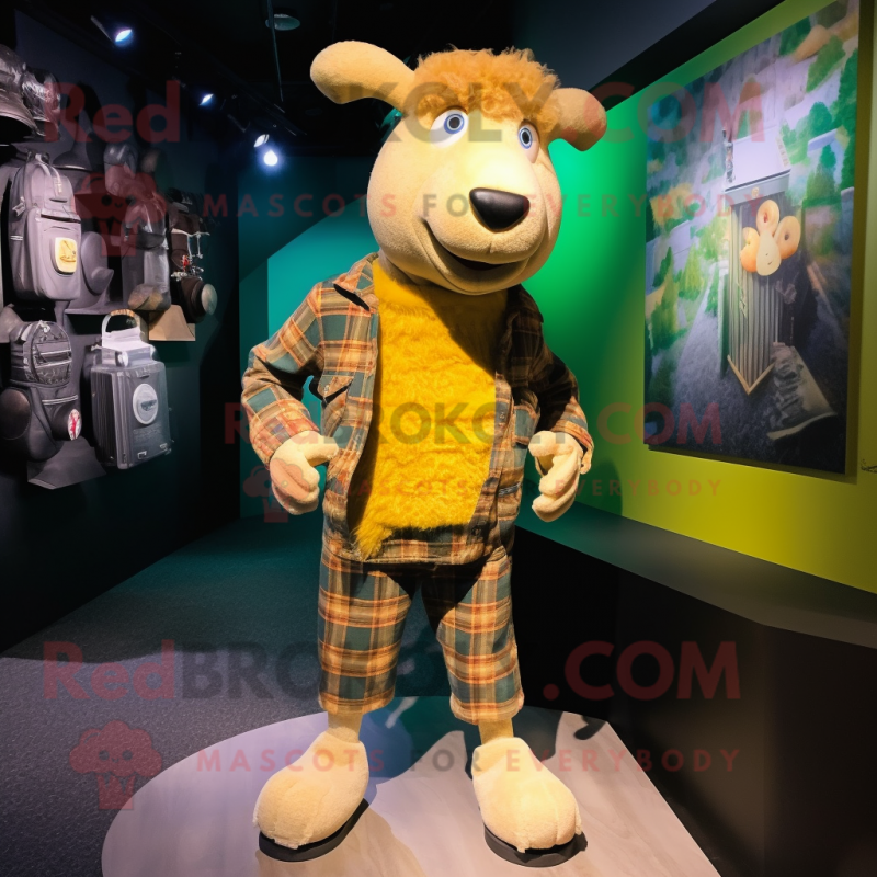 Gold Sheep mascot costume character dressed with a Flannel Shirt and Foot pads