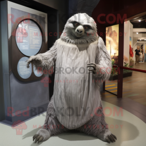 Gray Giant Sloth mascot costume character dressed with a Empire Waist Dress and Earrings