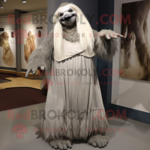 Gray Giant Sloth mascot costume character dressed with a Empire Waist Dress and Earrings