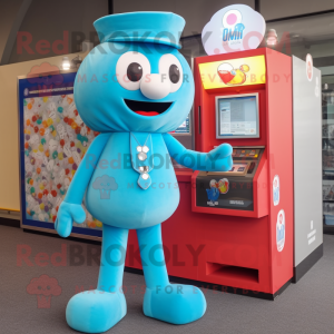 Cyan Gumball Machine mascot costume character dressed with a Trousers and Hat pins