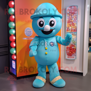 Cyan Gumball Machine mascot costume character dressed with a Trousers and Hat pins