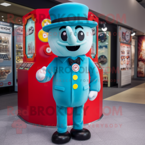 Cyan Gumball Machine mascot costume character dressed with a Trousers and Hat pins