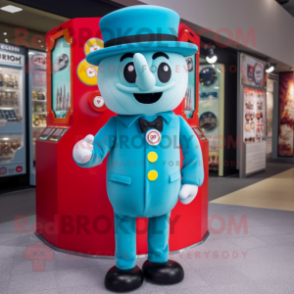 Cyan Gumball Machine mascot costume character dressed with a Trousers and Hat pins