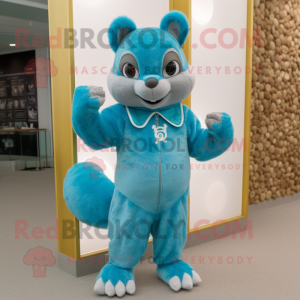 Cyan Squirrel mascot costume character dressed with a Jumpsuit and Necklaces