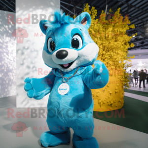 Cyan Squirrel mascot costume character dressed with a Jumpsuit and Necklaces