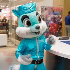Cyan Squirrel mascot costume character dressed with a Jumpsuit and Necklaces