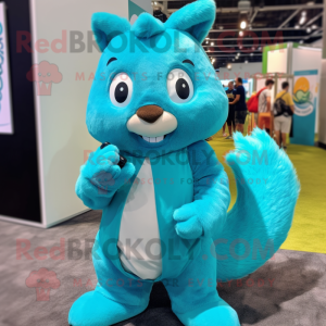 Cyan Squirrel mascot costume character dressed with a Jumpsuit and Necklaces