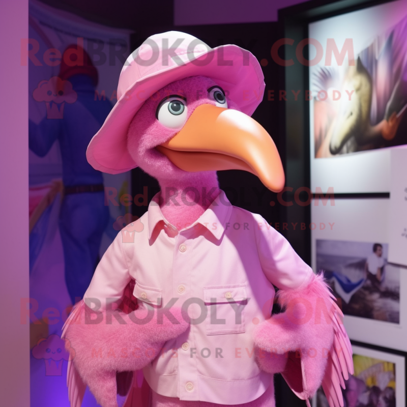 Pink Dodo Bird mascot costume character dressed with a Waistcoat and Caps Pink Dodo Bird mascot costume character dressed with a Waistcoat and Caps