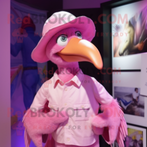 Pink Dodo Bird mascot costume character dressed with a Waistcoat and Caps