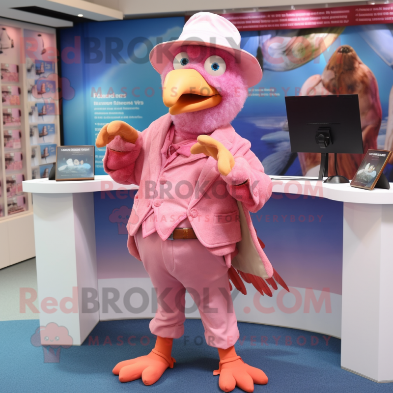 Pink Dodo Bird mascot costume character dressed with a Waistcoat and Caps