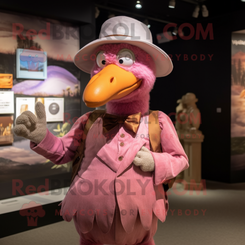 Pink Dodo Bird mascot costume character dressed with a Waistcoat and Caps Pink Dodo Bird mascot costume character dressed with a Waistcoat and Caps