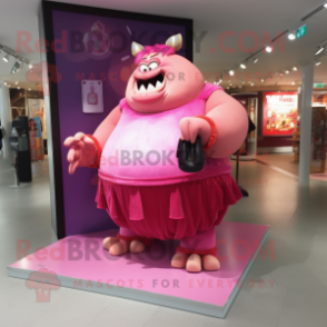 Pink Ogre mascot costume character dressed with a Maxi Dress and Clutch bags