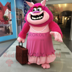 Pink Ogre mascot costume character dressed with a Maxi Dress and Clutch bags