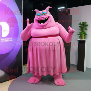 Pink Ogre mascot costume character dressed with a Maxi Dress and Clutch bags