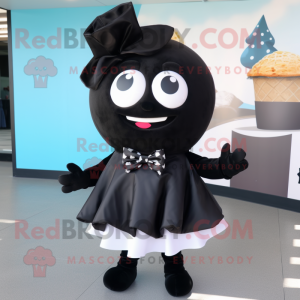 Black Ice Cream mascot costume character dressed with a Wrap Skirt and Bow ties