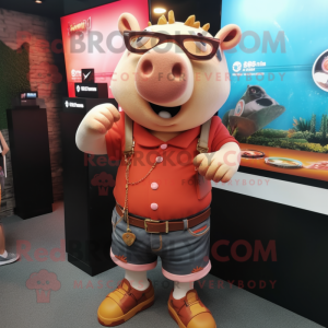 Rust Pig mascot costume character dressed with a Shorts and Bracelet watches