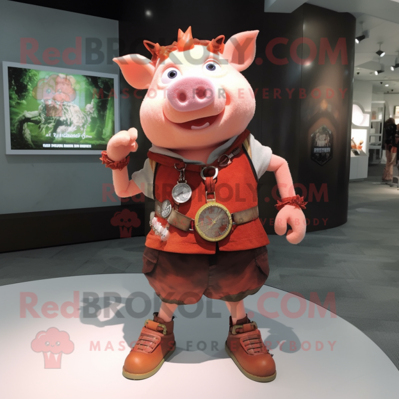 Rust Pig mascot costume character dressed with a Shorts and Bracelet watches Rust Pig mascot costume character dressed with a Shorts and Bracelet watches