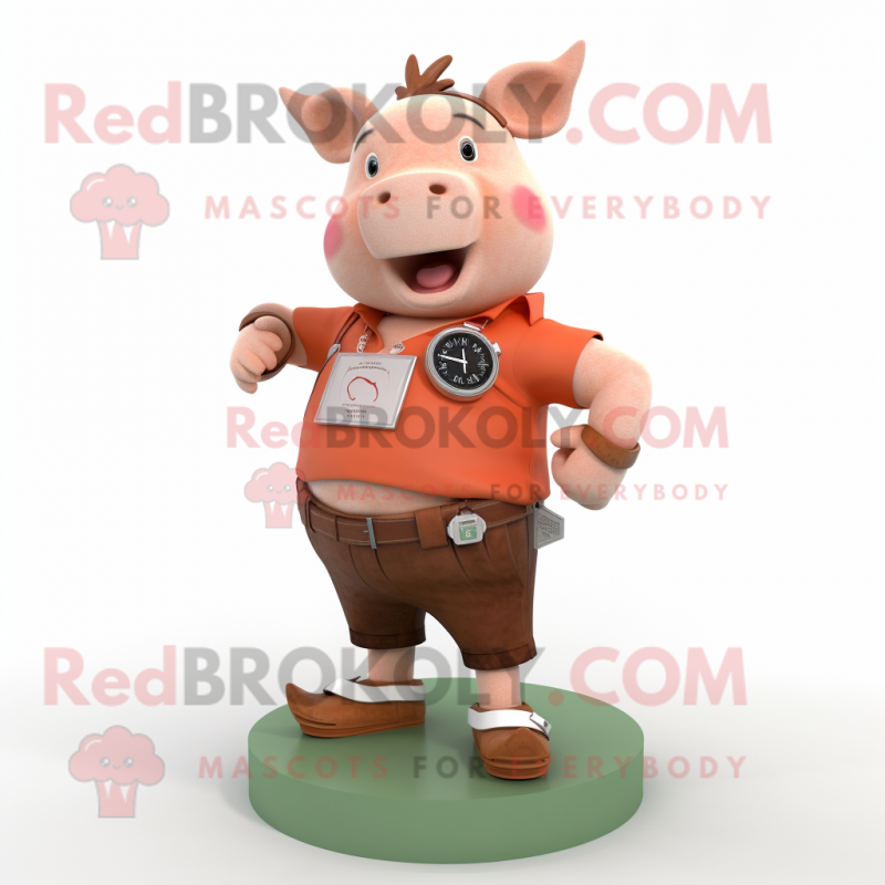 Rust Pig mascot costume character dressed with a Shorts and Bracelet watches