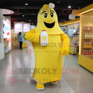Yellow Bottle Of Milk mascot costume character dressed with a Jumpsuit and Tote bags