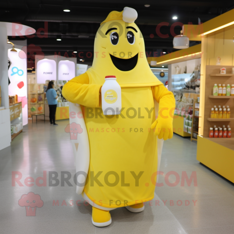 Yellow Bottle Of Milk mascot costume character dressed with a Jumpsuit and Tote bags Yellow Bottle Of Milk mascot costume character dressed with a Jumpsuit and Tote bags