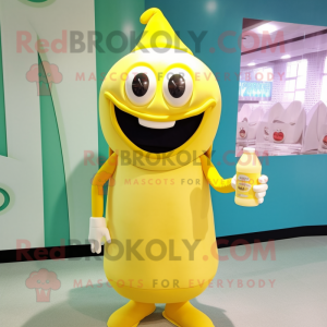 Yellow Bottle Of Milk mascot costume character dressed with a Jumpsuit and Tote bags