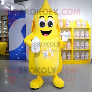 Yellow Bottle Of Milk mascot costume character dressed with a Jumpsuit and Tote bags