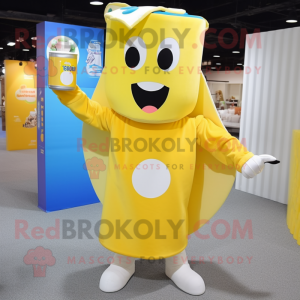 Yellow Bottle Of Milk mascot costume character dressed with a Jumpsuit and Tote bags