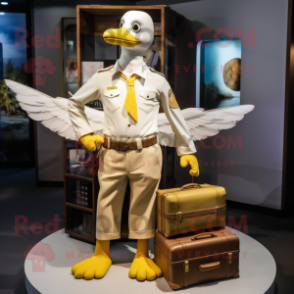 Gold Seagull mascot costume character dressed with a Cargo Pants and Briefcases