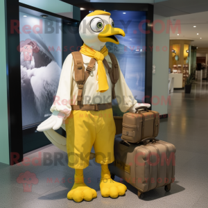 Gold Seagull mascot costume character dressed with a Cargo Pants and Briefcases