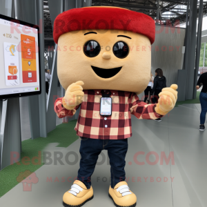Cream Pad Thai mascot costume character dressed with a Flannel Shirt and Smartwatches