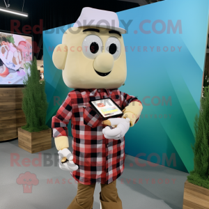 Cream Pad Thai mascot costume character dressed with a Flannel Shirt and Smartwatches