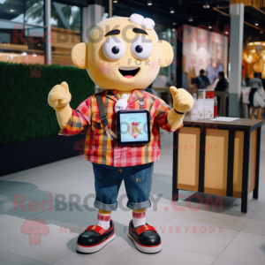 Cream Pad Thai mascot costume character dressed with a Flannel Shirt and Smartwatches