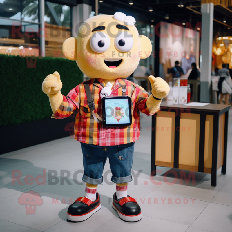 Cream Pad Thai mascot costume character dressed with a Flannel Shirt and Smartwatches