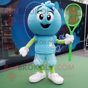 Cyan Tennis Racket mascot costume character dressed with a Waistcoat and Foot pads