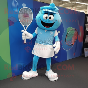 Cyan Tennis Racket mascot costume character dressed with a Waistcoat and Foot pads