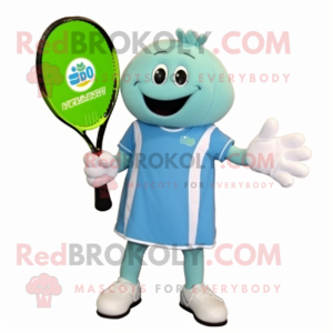 Cyan Tennis Racket mascot costume character dressed with a Waistcoat and Foot pads