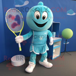 Cyan Tennis Racket mascot costume character dressed with a Waistcoat and Foot pads