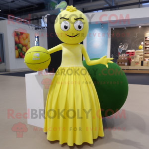 Lemon Yellow Juggle mascot costume character dressed with a Maxi Dress and Brooches