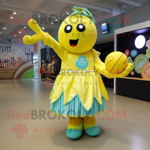 Lemon Yellow Juggle mascot costume character dressed with a Maxi Dress and Brooches