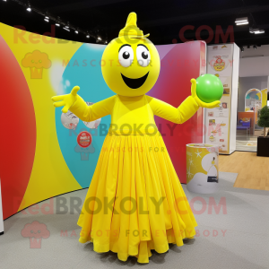 Lemon Yellow Juggle mascot costume character dressed with a Maxi Dress and Brooches
