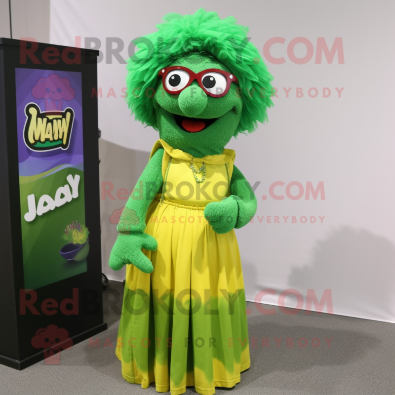 Green Jambalaya mascot costume character dressed with a Maxi Skirt and Eyeglasses Green Jambalaya mascot costume character dressed with a Maxi Skirt and Eyeglasses